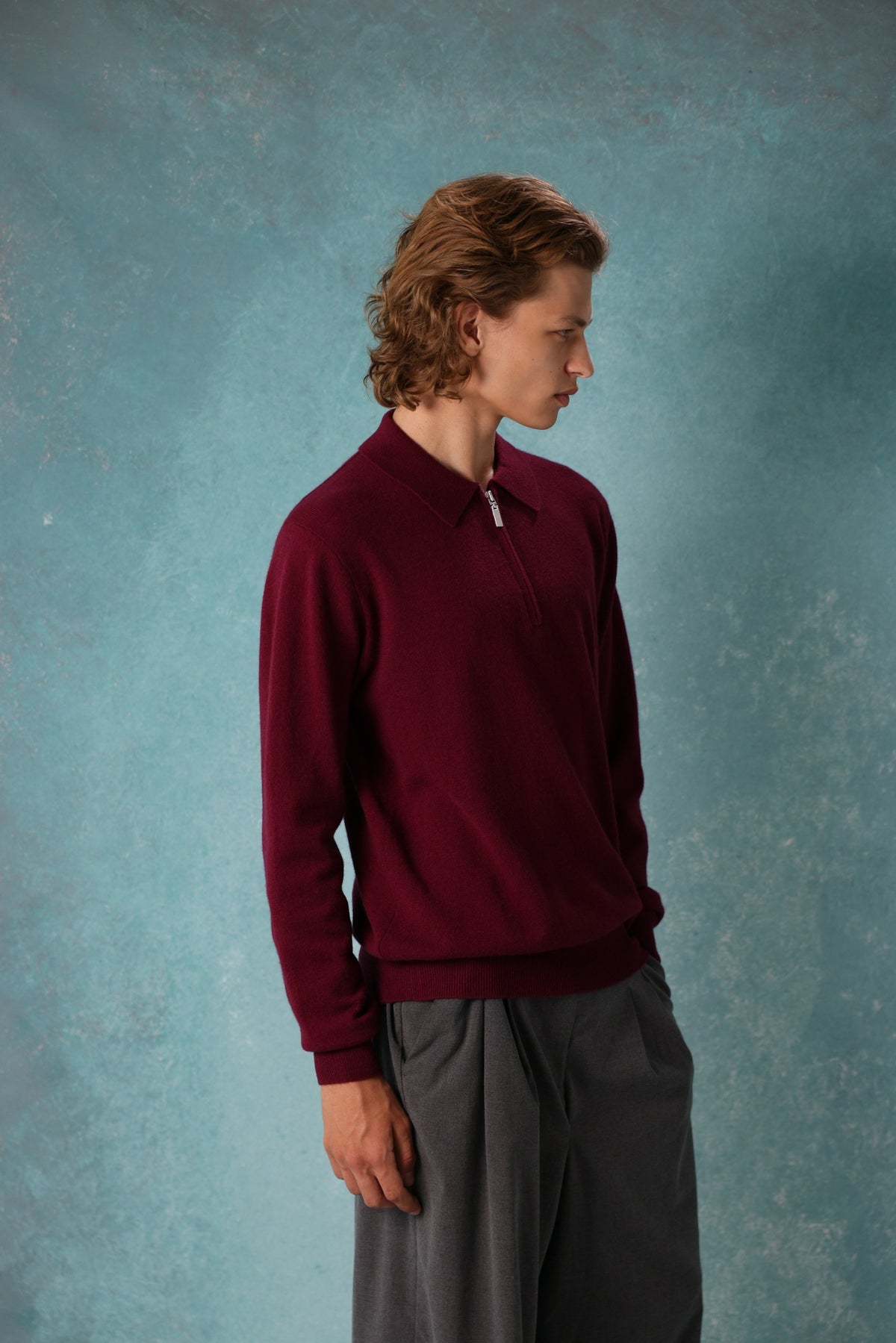 Pulover cu Ziper Metalic din Merino si Cashmere -Bordeaux